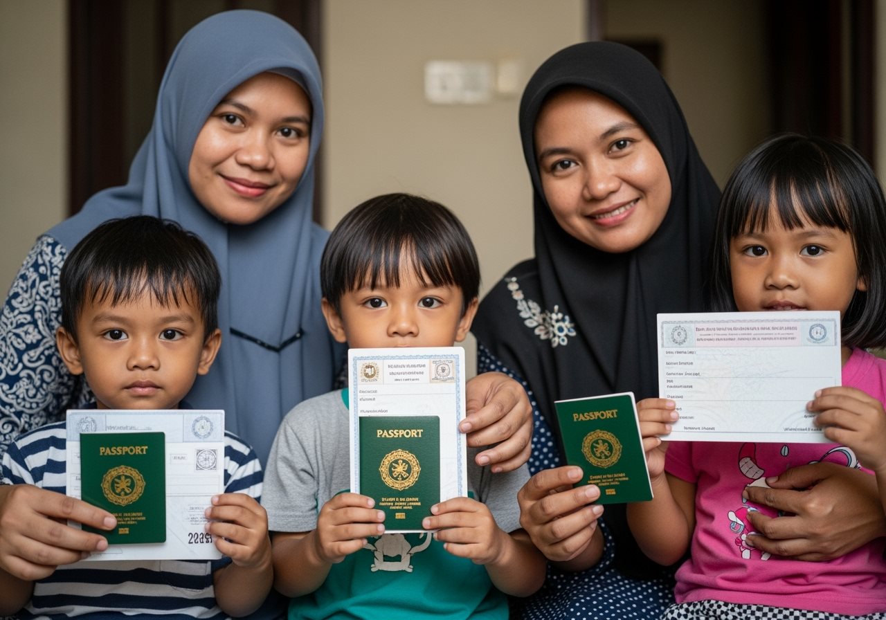 Children with parents showing required documents for Umrah visa