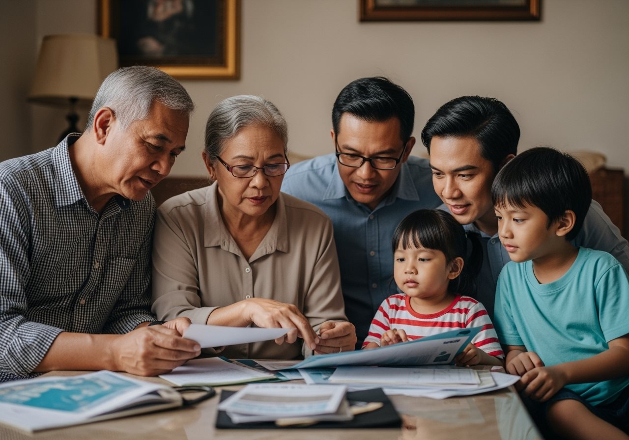 Multi-generational family with guidance documents for Umrah