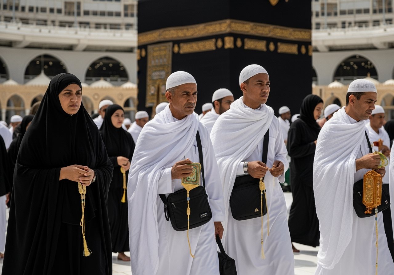 Pèlerins musulmans de différents pays se préparant pour la Omra